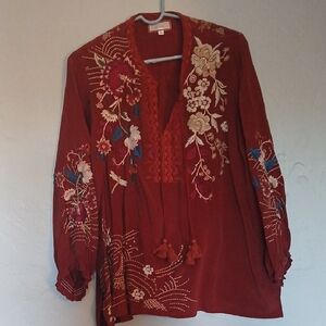 Johnny Was Red Embroidered Floral Blouse
